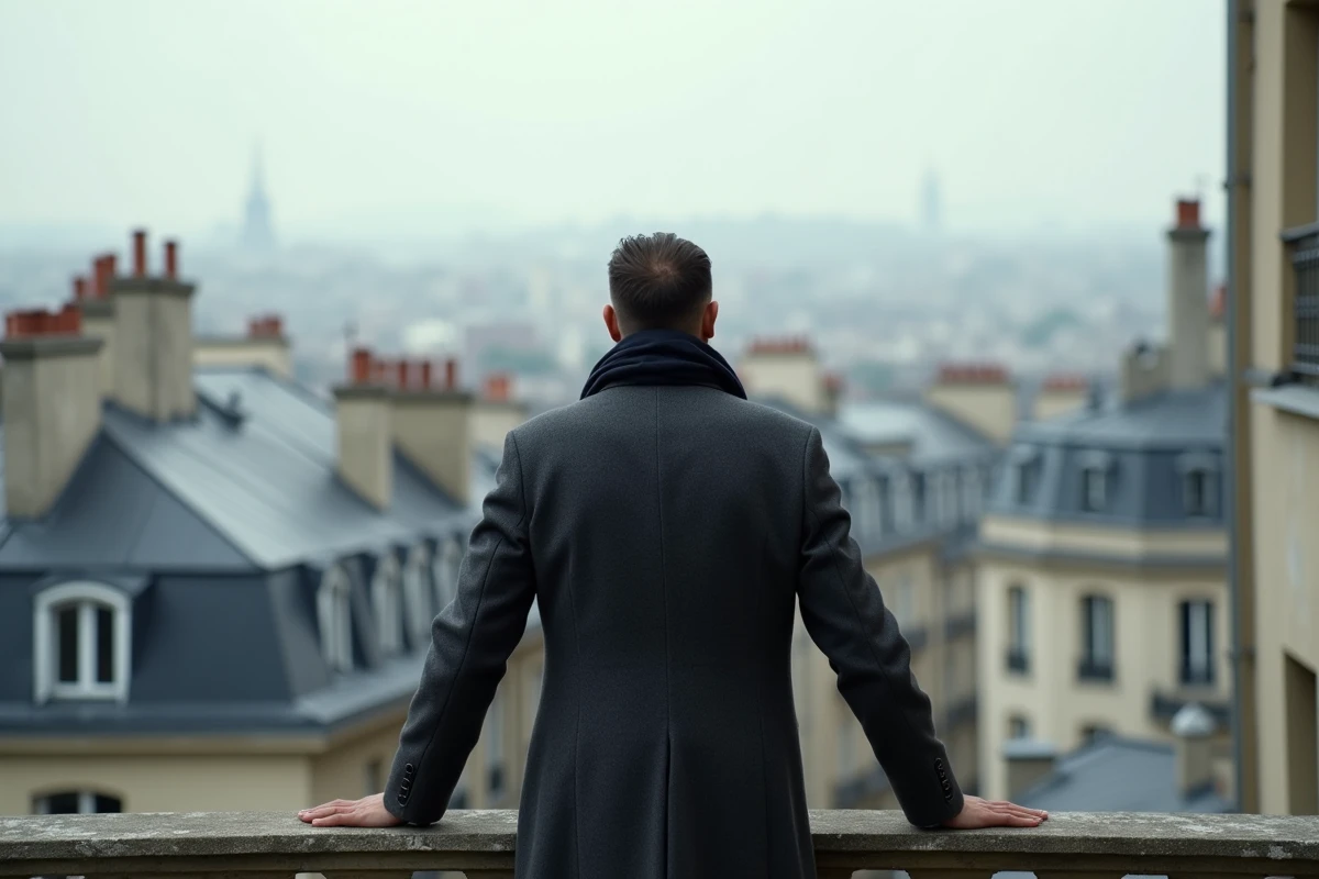 Homme de dos sur un balcon parisien regardant la ville, symbole de vie privée préservée et de discrétion