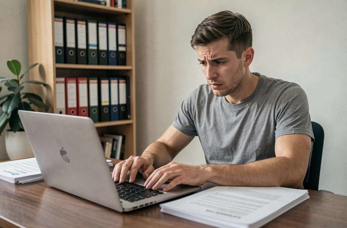 Homme consultant des documents administratifs sur son bureau pour rédiger correctement une lettre d'attestation d'hébergement