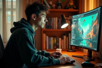 Jeune homme concentré devant son PC consultant un blog de jeux vidéo et séries dans un bureau gaming cosy