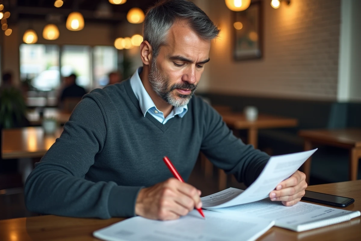 Homme relisant une lettre de motivation dans un café animé