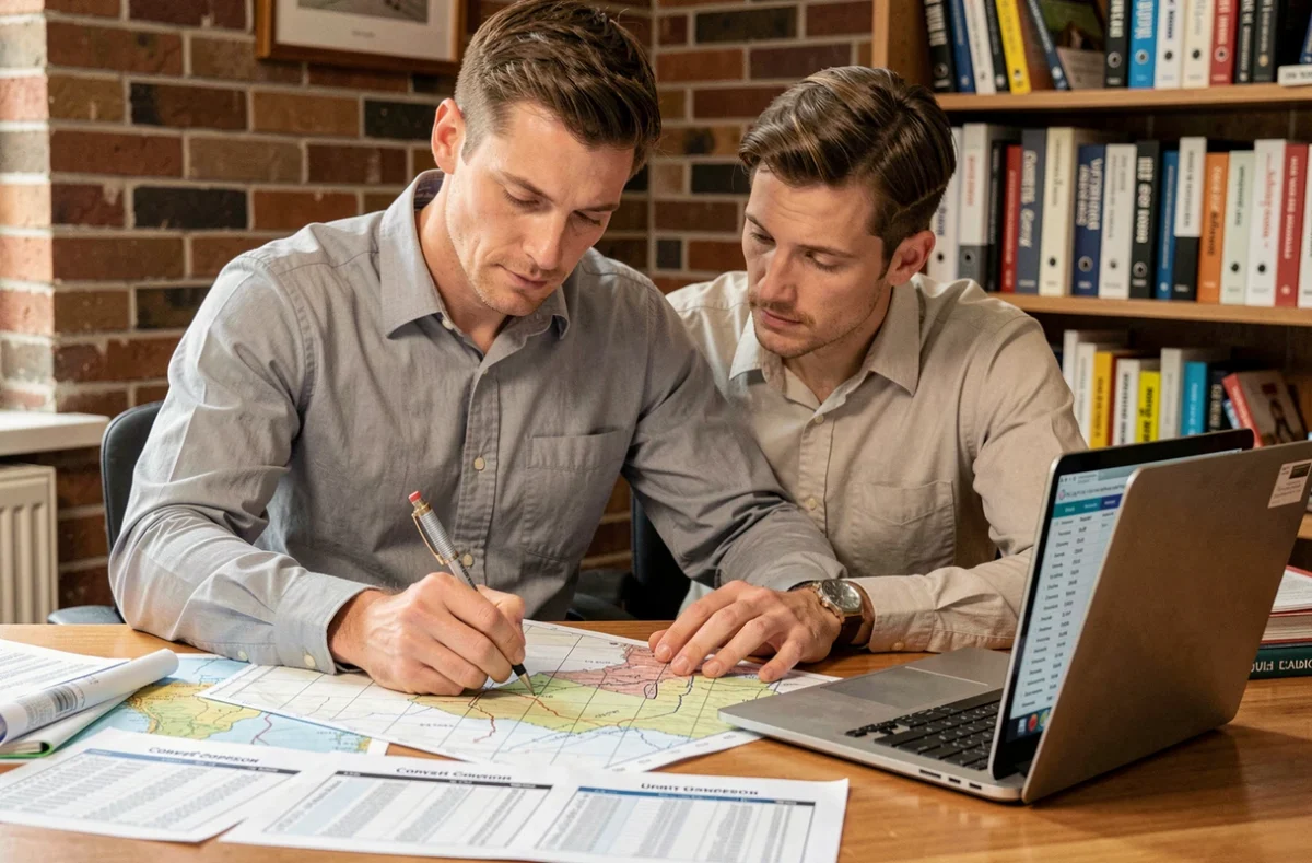 Homme consultant des cartes topographiques et tableaux de conversion d'hectares en kilomètres carrés sur un bureau de travail
