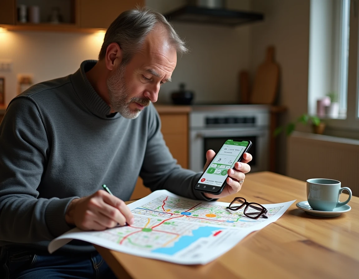 Homme consultant une carte des zones Île-de-France pour optimiser ses trajets en transport en commun