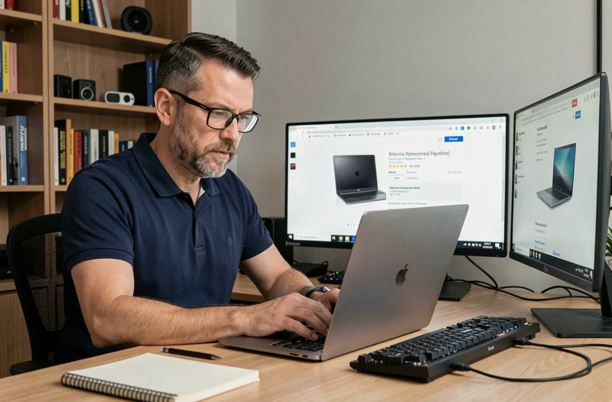 Homme comparant un ordinateur portable reconditionné Amazon avec sa fiche produit en ligne dans un bureau à domicile