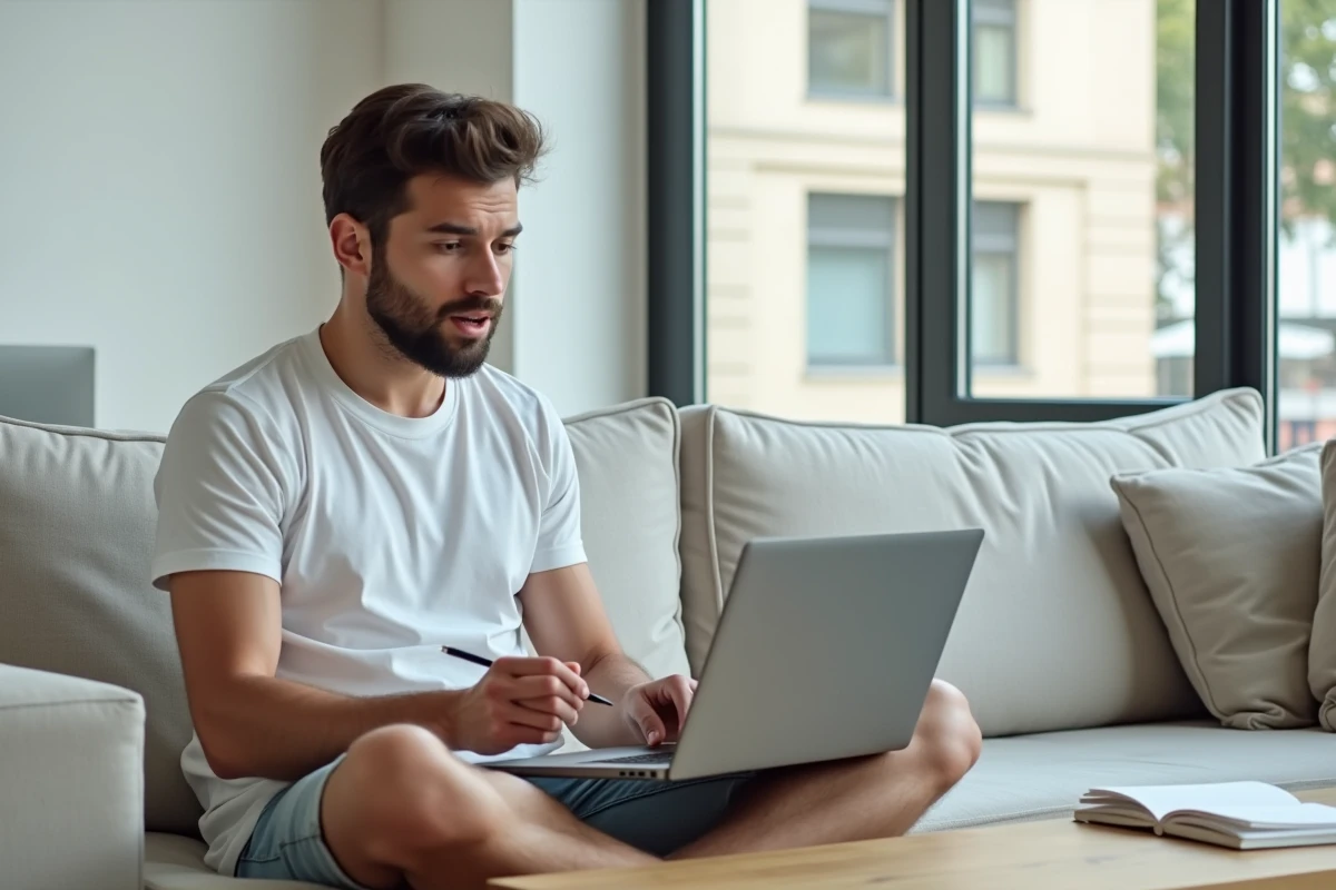 Jeune homme consultant un site de conjugaison française sur son ordinateur portable, stylo à la main, cherchant la bonne orthographe