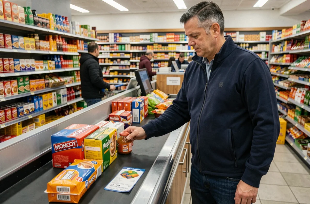 Homme faisant ses courses en supermarché et collectant des pièces Monopoly avec ses achats quotidiens