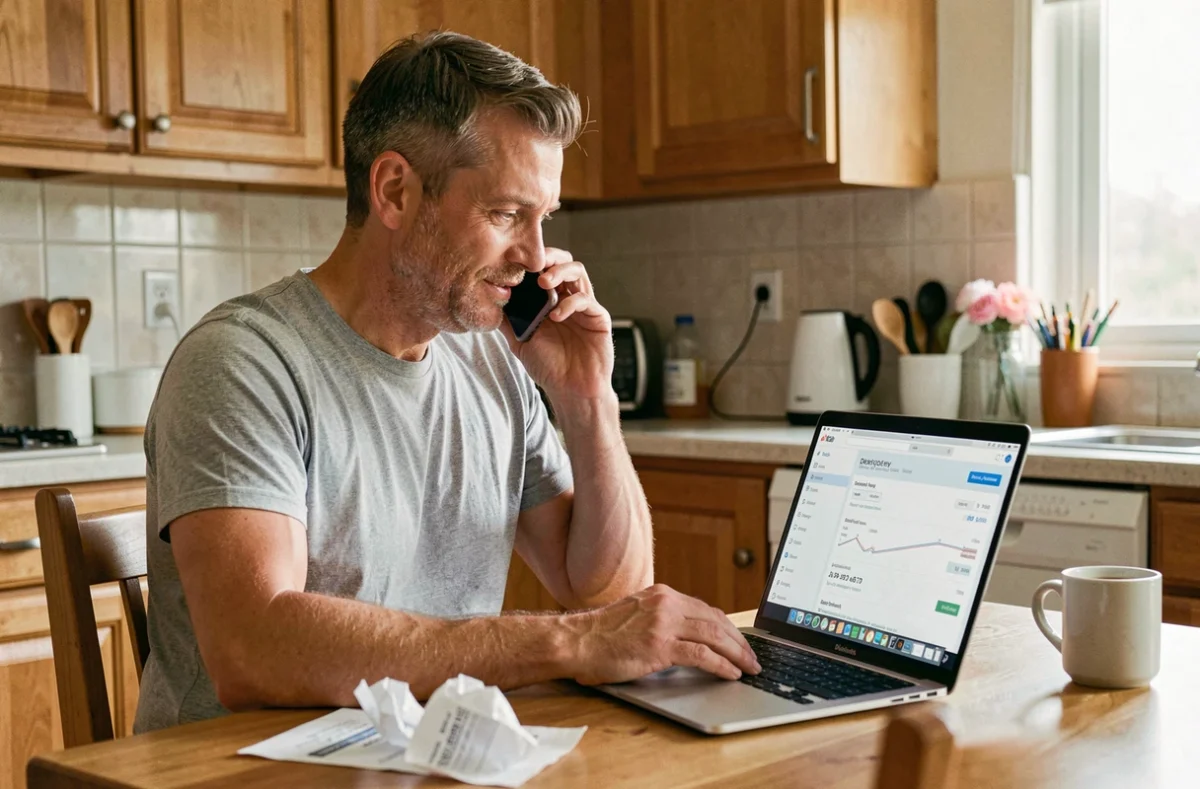Homme passant un appel téléphonique au service client Amazon depuis sa cuisine pour reprogrammer une livraison