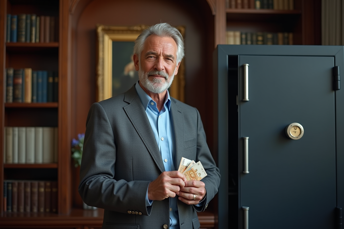 Homme déposant des billets dans un coffre en bois dans un bureau