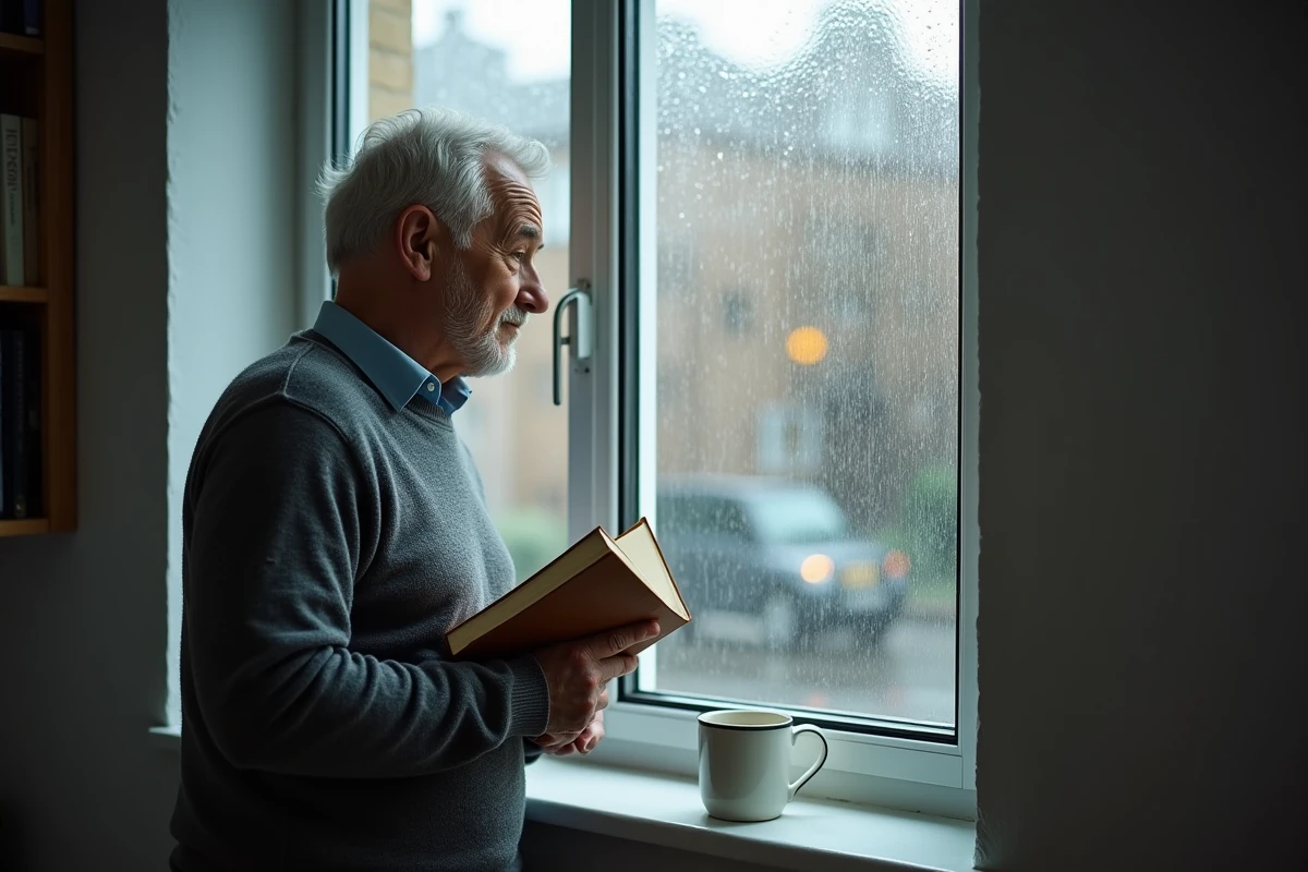 Homme âgé debout devant une fenêtre pluvieuse tenant un livre, regard mélancolique vers la rue, symbolisant la tristesse et l'isolement