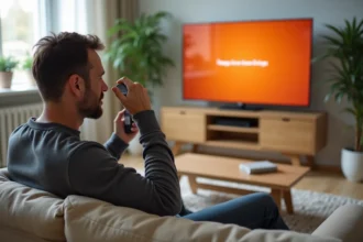 Homme frustré tenant une télécommande face à un message d'erreur sur Orange TV dans un salon moderne