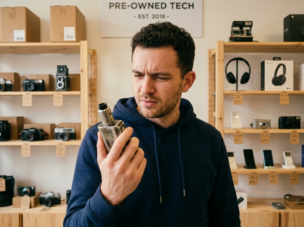 Homme inspectant une cigarette électronique d'occasion dans une boutique de revente de matériel high-tech