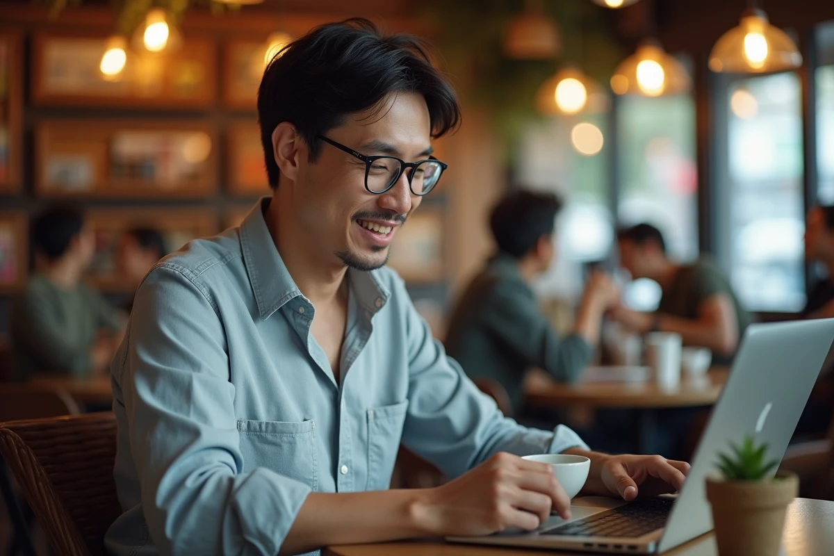 Homme lisant le chapitre One Piece scan en ligne sur un ordinateur portable dans un café