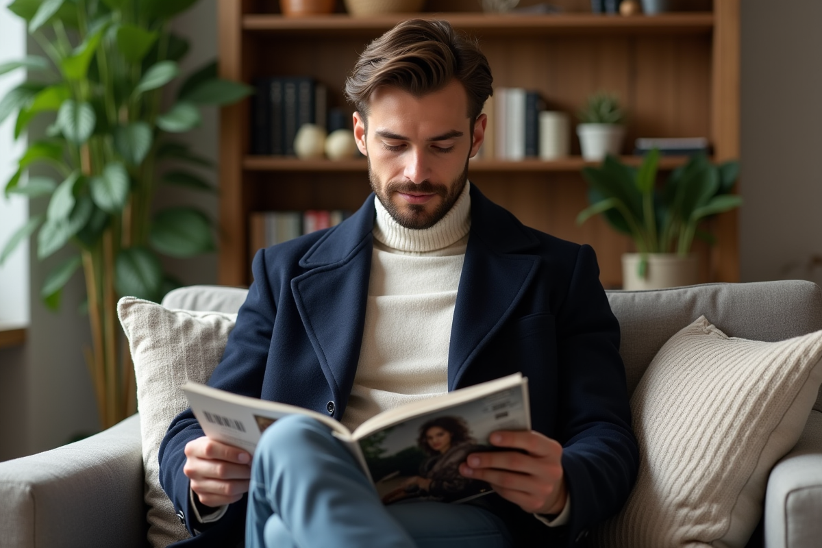 Homme confiant lisant un magazine dans un salon cosy