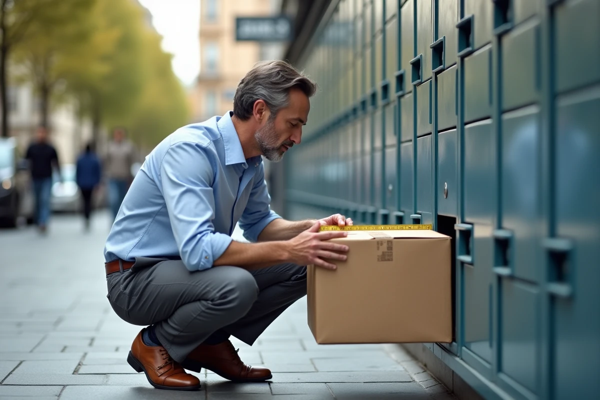 Homme mesurant un colis devant un casier de livraison en ville
