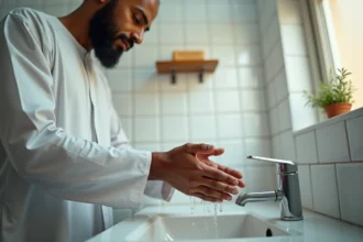 Homme musulman effectuant les ablutions au lavabo en suivant les étapes du woudou
