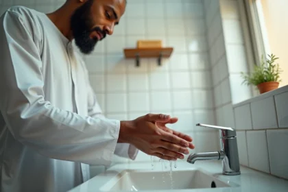 Homme musulman effectuant les ablutions au lavabo en suivant les étapes du woudou