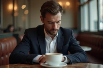 Homme pensif assis seul dans un café parisien, illustrant la vie privée et l'introspection