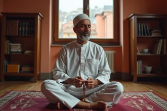 Homme en tenue traditionnelle égrenant un chapelet islamique sur un tapis de prière dans un intérieur toulousain