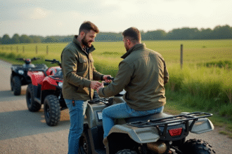 Homme inspectant un quad en campagne avec nature