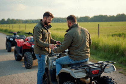 Homme inspectant un quad en campagne avec nature