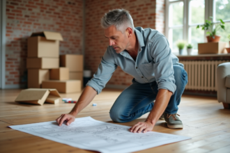 Homme d'âge moyen examine un plan de rénovation au sol
