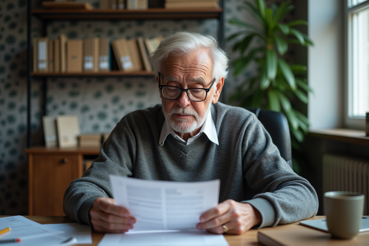 Homme âgé examinant une lettre de pension dans un bureau