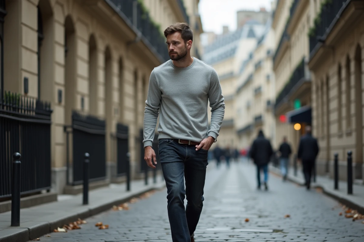Homme marchant seul dans une rue pavée parisienne, évoquant la discrétion et la vie privée d'une personnalité publique