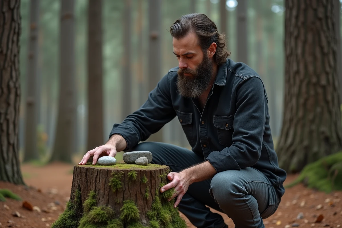Homme avec rune dans une forêt calme et naturelle