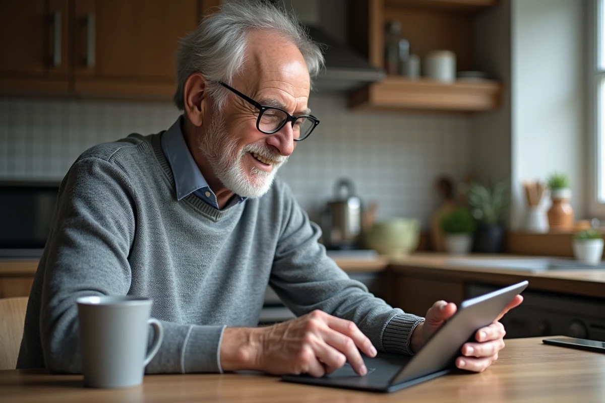Homme âgé consulte un calendrier numérique sur tablette dans la cuisine