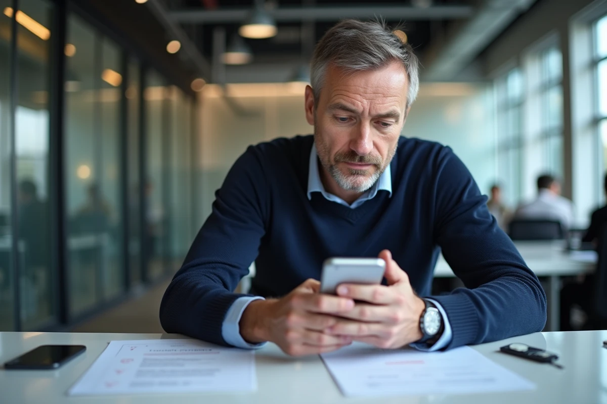 Homme vérifie une checklist avec son smartphone et papier