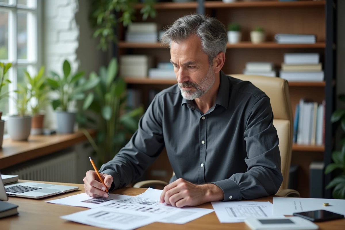 Homme vérifiant des mots croisés au bureau