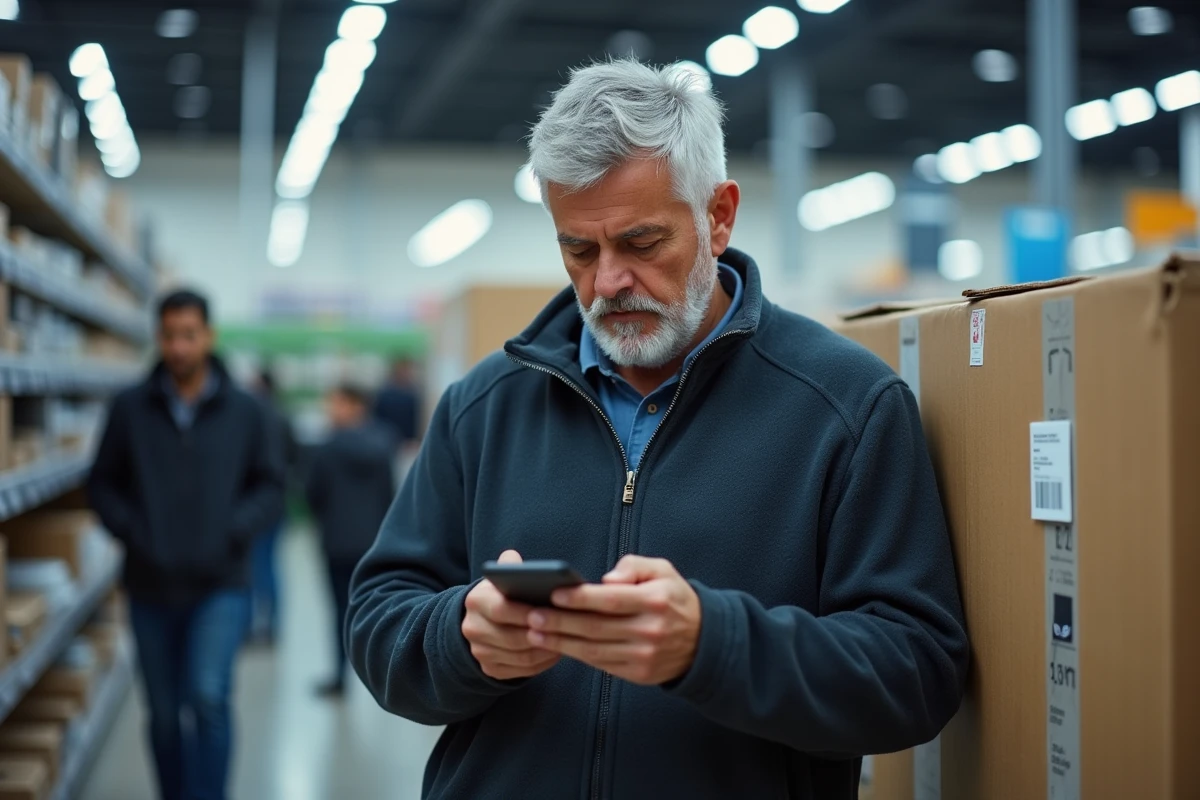 Homme comparant un prix affiché en magasin avec les données de son smartphone pour détecter une fausse promotion lors du Cyber Monday