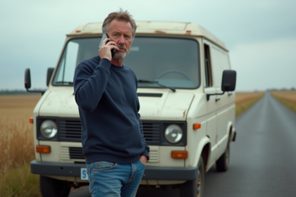 Homme inquiet avec van ancien en campagne française