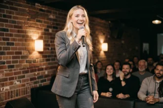 Humoriste française blonde sur scène dans un comedy club, souriant au micro lors d'un spectacle comique