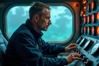 Ingénieur en combinaison bleue dans un sous-marin moderne