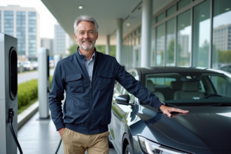 Ingénieur homme à côté d'une voiture hydrogène moderne