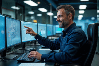 Ingénieur informatique homme devant un superordinateur moderne