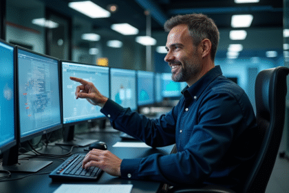 Ingénieur informatique homme devant un superordinateur moderne