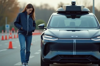 Jeune ingenieure automobile examine capteurs d'un voiture autonome