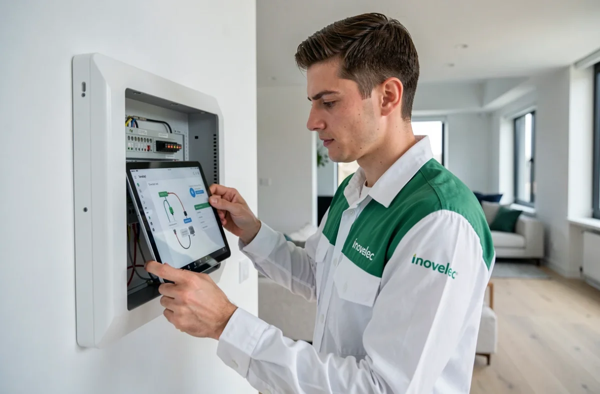 Technicien Inovelec programmant un système domotique sur une interface tablette dans un logement connecté à Montpellier