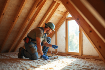 Technicien installant l isolation dans un grenier lumineux