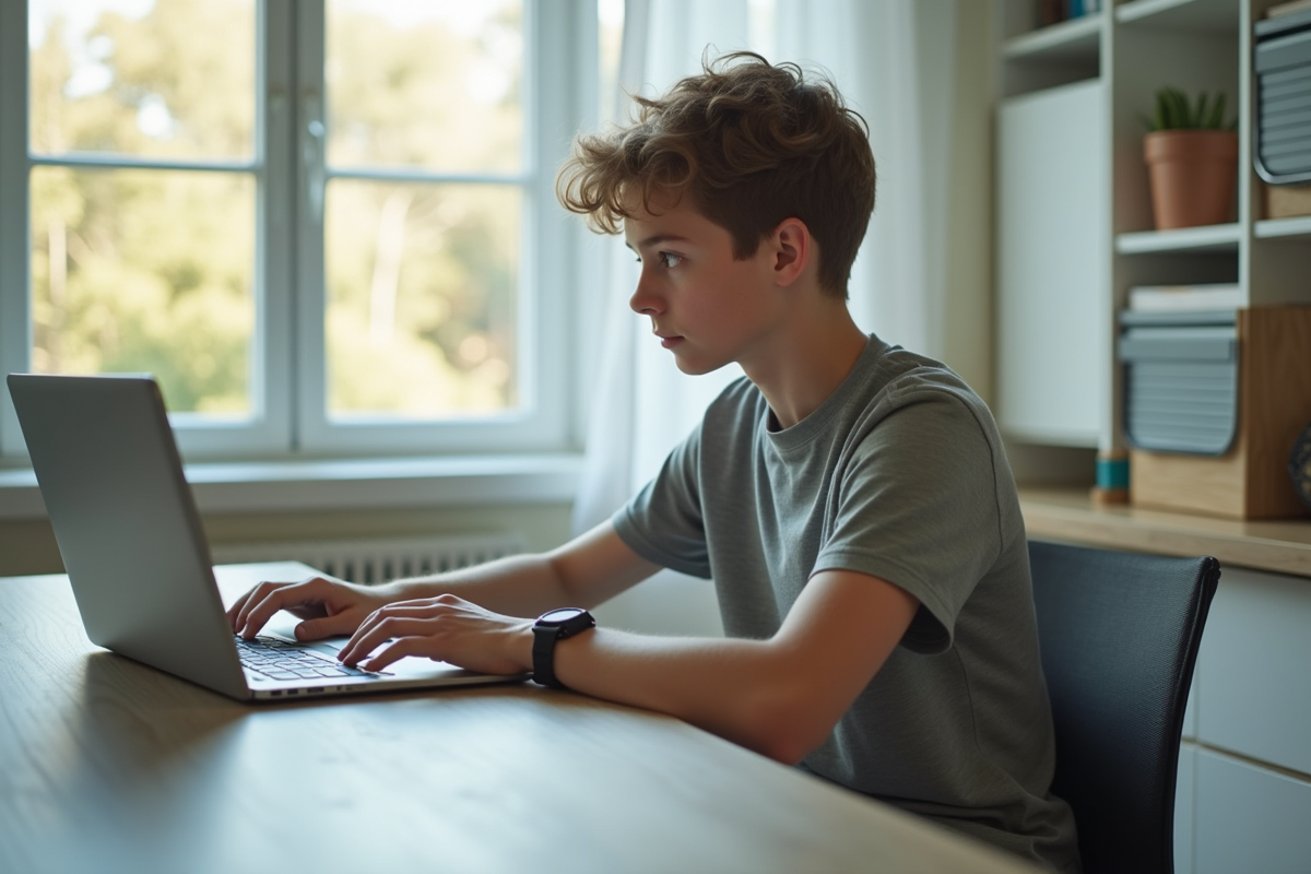 Jeune adulte utilisant un ordinateur portable dans un environnement lumineux
