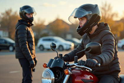 Jeune adulte en équipement moto en formation en parking