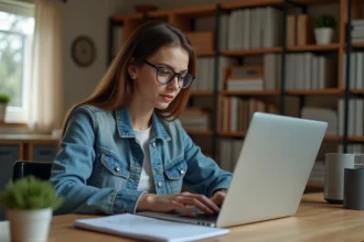 Jeune femme en bureau cosy examine son ordinateur portable