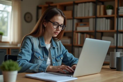 Jeune femme en bureau cosy examine son ordinateur portable