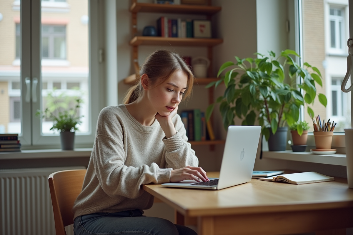 Jeune femme au bureau examinant un ordinateur portable