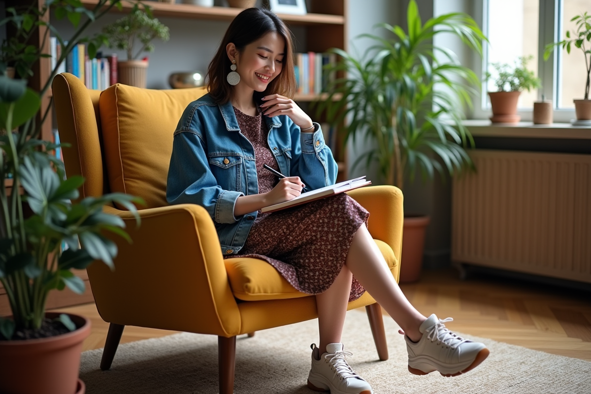 Jeune femme créative dessinant dans son appartement lumineux