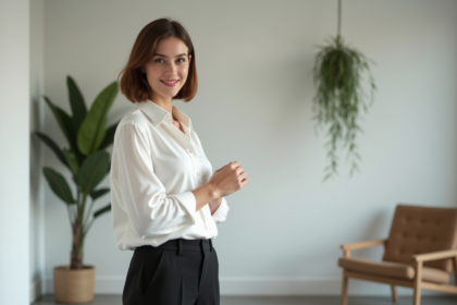 Jeune femme élégante en blanc dans un salon minimaliste