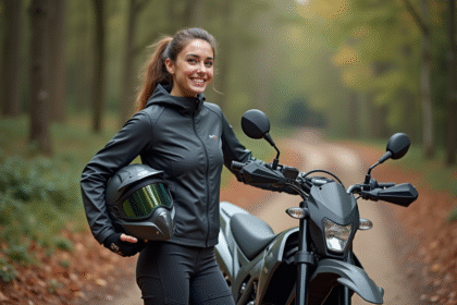 Jeune femme avec casque et moto enduro en forêt