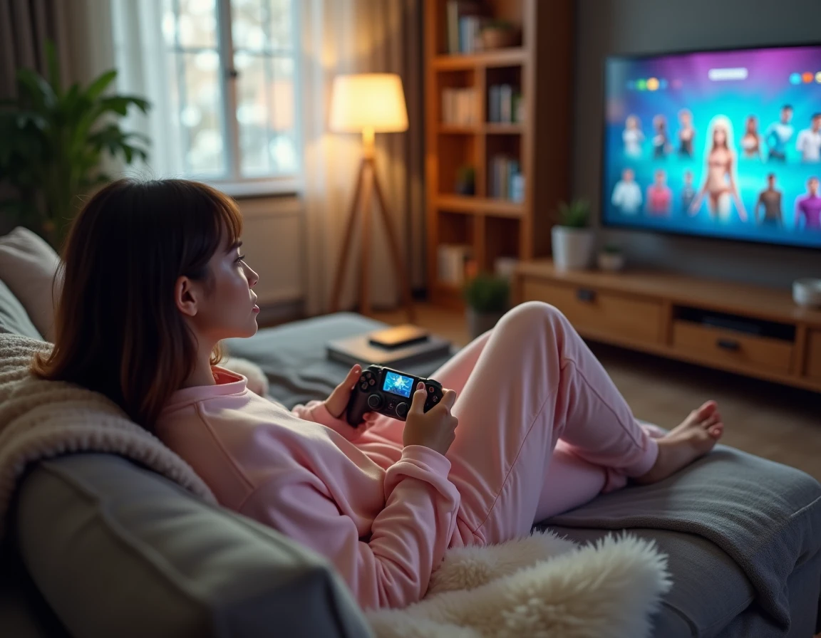 Jeune femme jouant à Fortnite sur console depuis son salon avec des skins affichés à l'écran