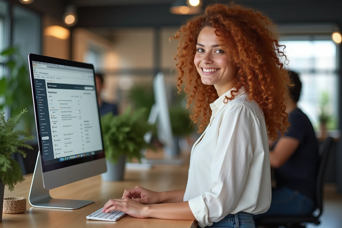 Jeune femme consultant le guide Co-valence.fr sur un écran d'ordinateur dans un espace de coworking